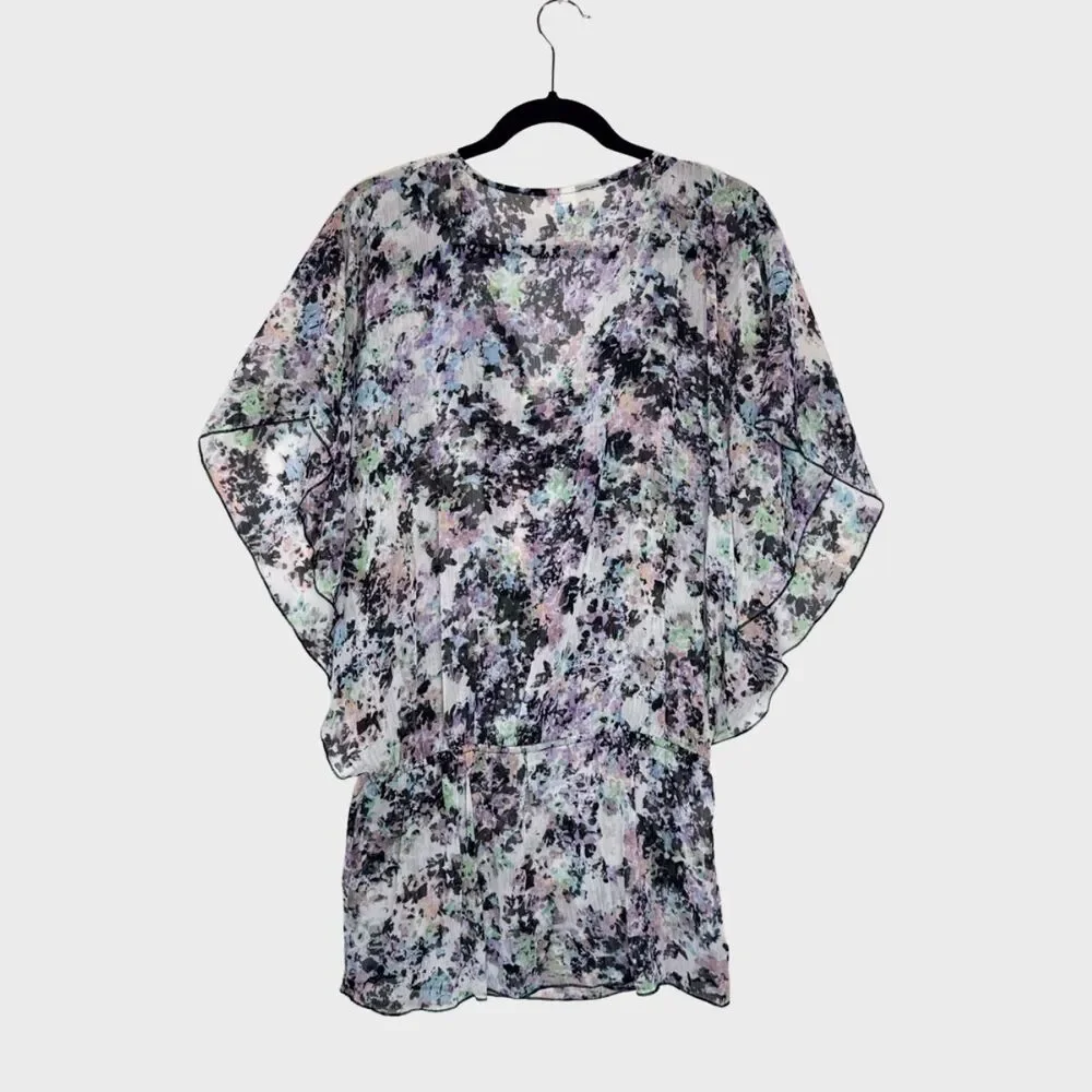 Badgley Mischka Womens Cover Up Black Abstract Sheer Beaded Blouson Swim Medium - Picture 2 of 10